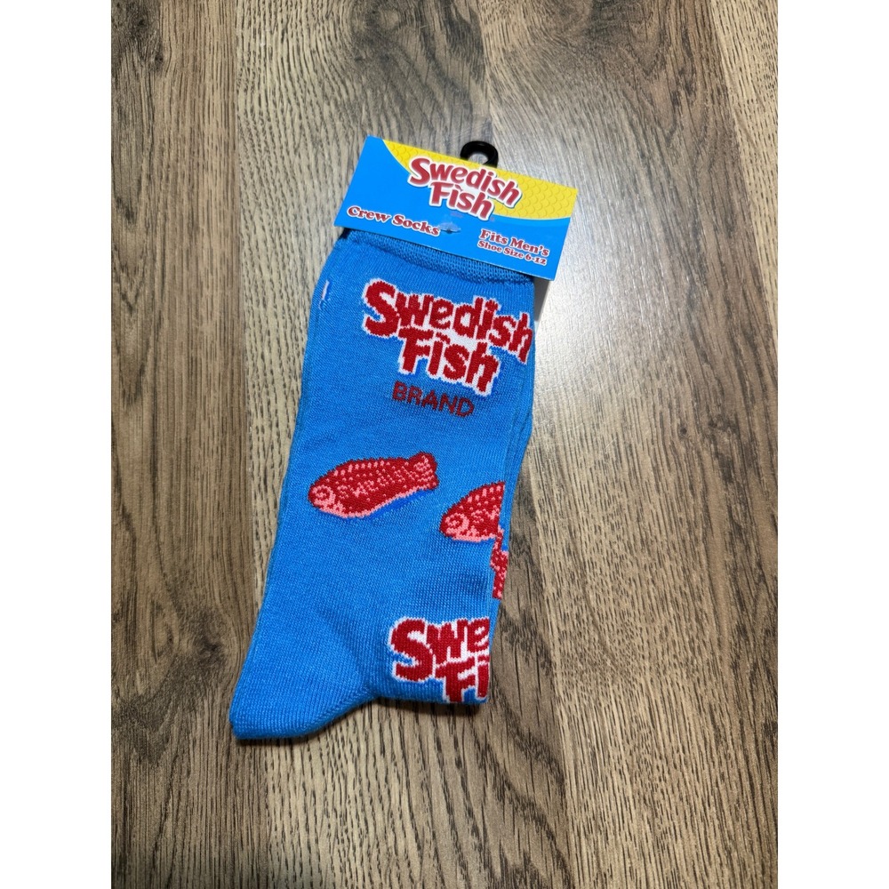 Swedish Fish Crew Socks Mens Size 6-12 Blue Candy Novelty Graphic Print